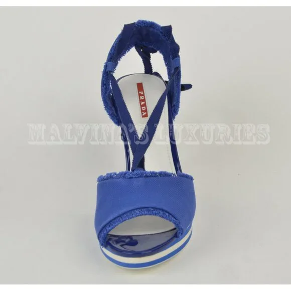 PRADA SPORT SHOES STRIPED WEDGE BLUE CANVAS ANKLE WRAP SANDALS sz 40 / 10 - Picture 7 of 13